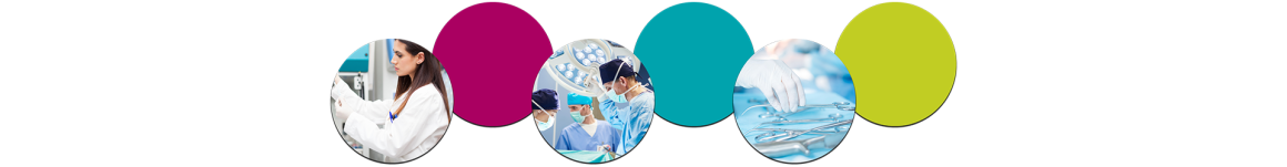 Collage of research images, including a scientist using a pipette, surgeons performing a procedure in an operating room, and a hand holding a vial next to other vials, surrounded by colorful zig-zagged circles.