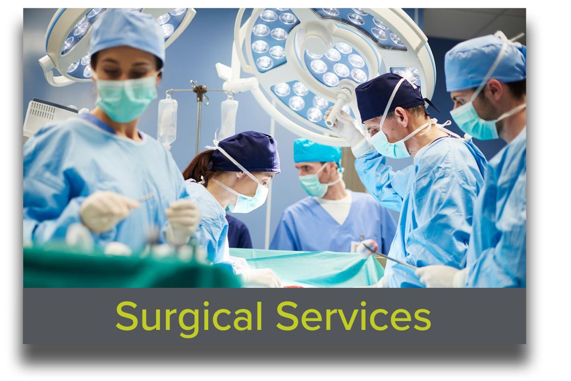 Block featuring an image of a team of surgeons working over an open surgical field, with the text "Surgical Services" overlaid, highlighting Tufts CMS's advanced surgical support for preclinical research.