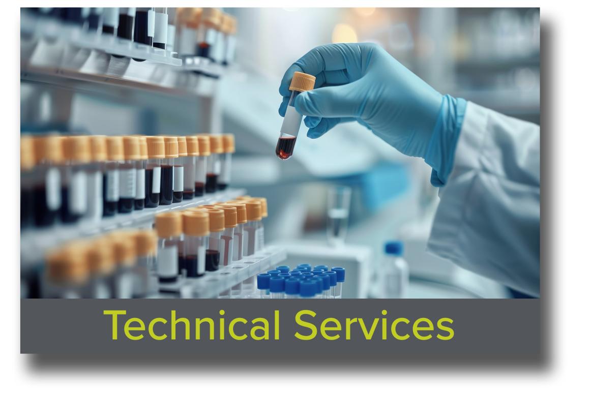 Block featuring an image of a doctor holding a blood test tube from a laboratory shelf with an analyzer in the background, with the text "Technical Services" overlaid, showcasing Tufts CMS's expertise in preclinical technical support.