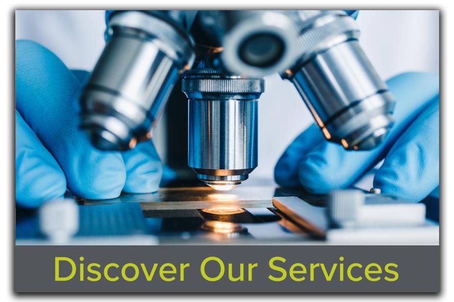 Block featuring an image of hands placing a slide under a microscope, with the text "Discover Our Services" overlaid, showcasing the comprehensive research support offered by Tufts CMS.