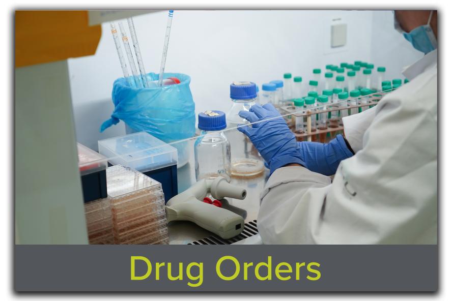 Block featuring an image of researchers handling samples in a biosafety hood, with the text "Drug Orders" overlaid, highlighting Tufts CMS's secure and compliant drug ordering services.