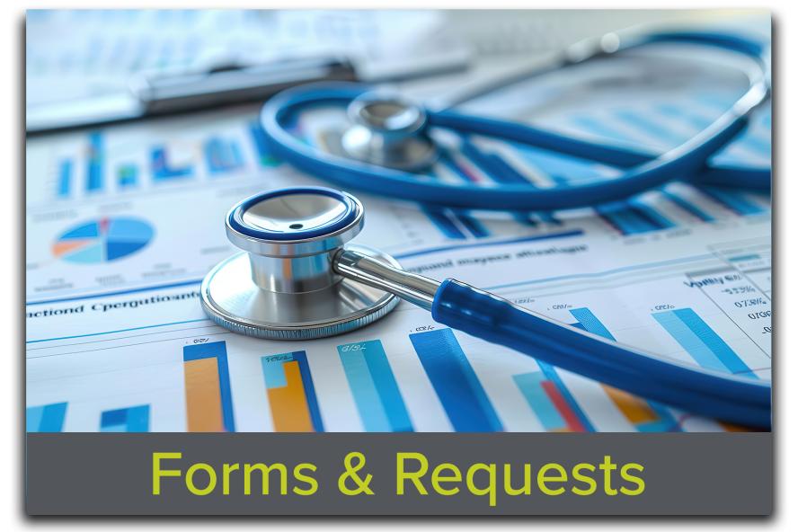 Block featuring an image of a stethoscope placed over a sheet of paper with charts and graphs, with the text "Forms & Requests" overlaid, representing Tufts CMS's streamlined administrative and research support services.