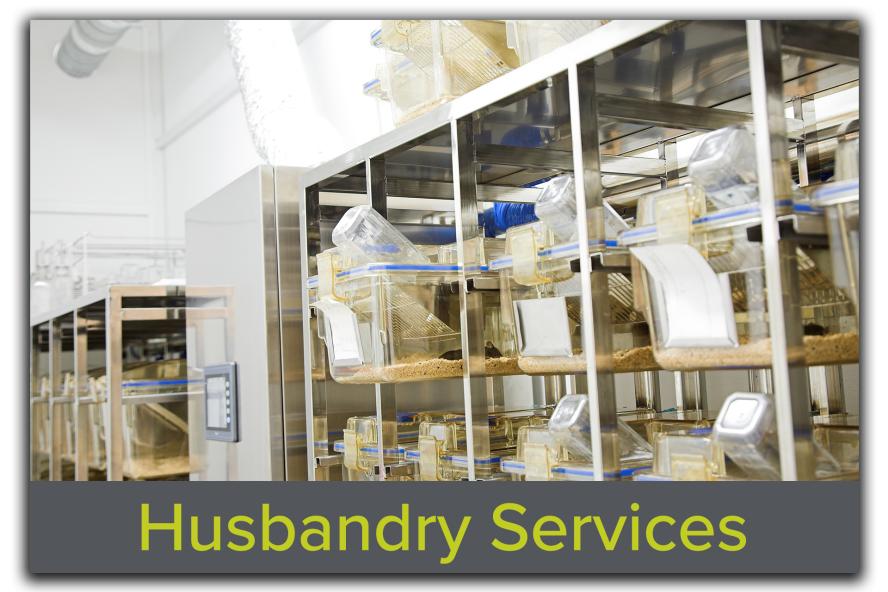 Block featuring an image of a vivarium with mouse cages, with the text "Husbandry Services" overlaid, emphasizing Tufts CMS's comprehensive animal care and facility management support.
