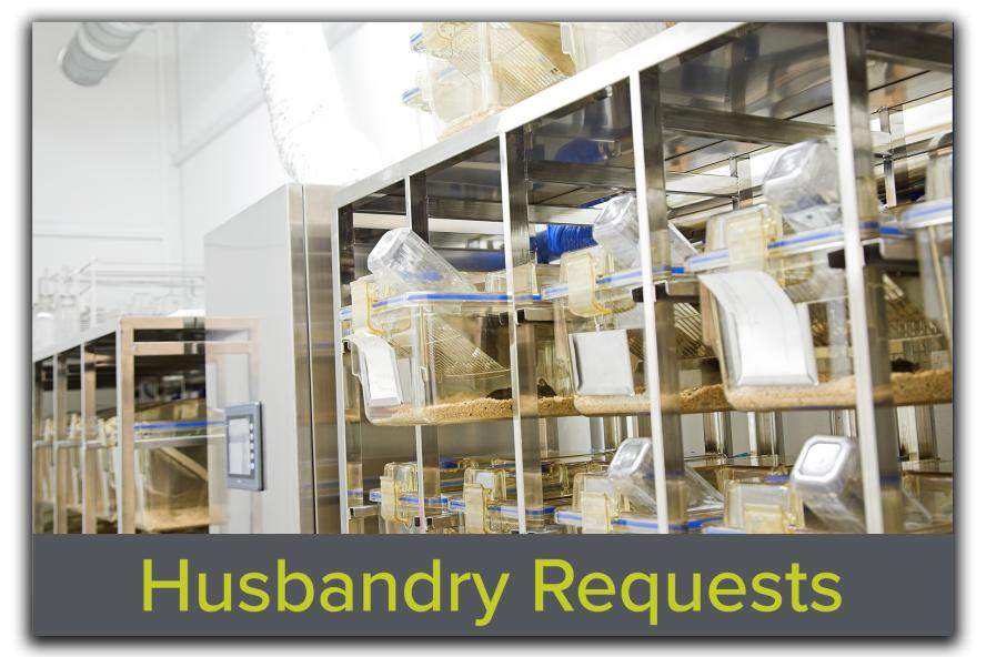 Block featuring an image of a vivarium with mouse cages, with the text "Husbandry Requests" overlaid, representing Tufts CMS's specialized animal care and husbandry support services.