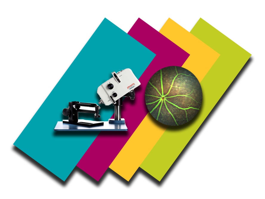 Colorful background bars with a cutout of the Micron IV ophthalmic imaging system, featuring an example of its color fundus and fluorescent imaging output.