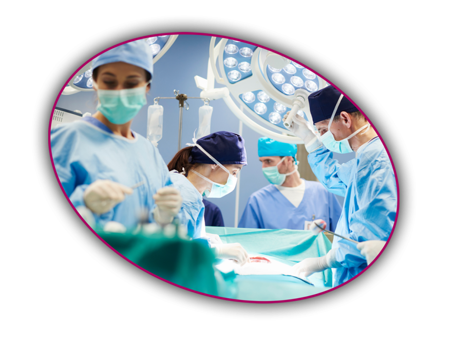 Group of surgeons in operating room standing over an open field