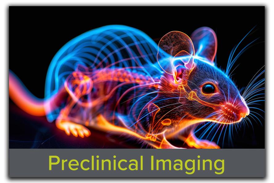 Block featuring an image of a mouse with an animated X-ray highlighting different body areas, with the text "Preclinical Imaging" overlaid, showcasing Tufts CMS's advanced imaging capabilities for preclinical research.