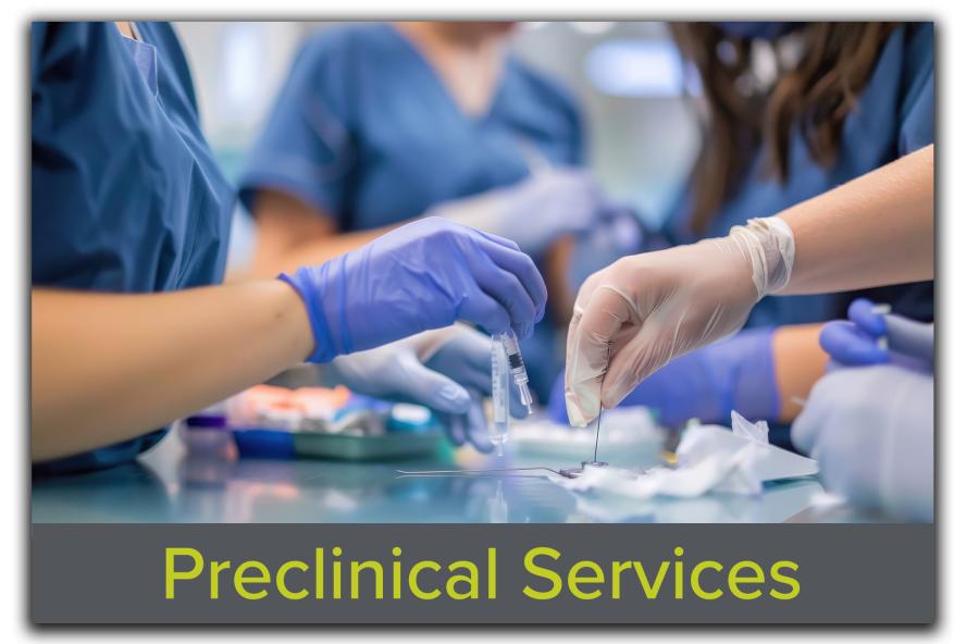 Block featuring an image of researchers gathered around a bench with various instruments, with the text "Preclinical Services" overlaid, showcasing Tufts CMS's collaborative approach to preclinical research support.