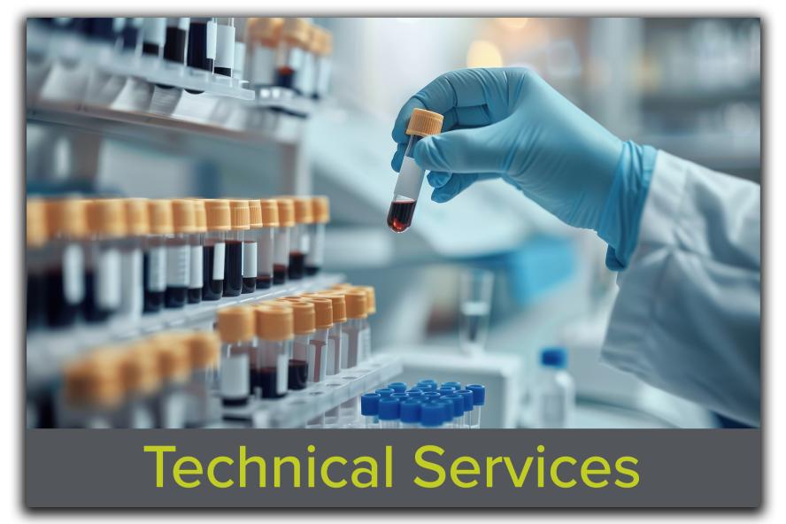 Block featuring an image of a doctor holding a blood test tube from a laboratory shelf with an analyzer in the background, with the text "Technical Services" overlaid, showcasing Tufts CMS's expertise in preclinical technical support.