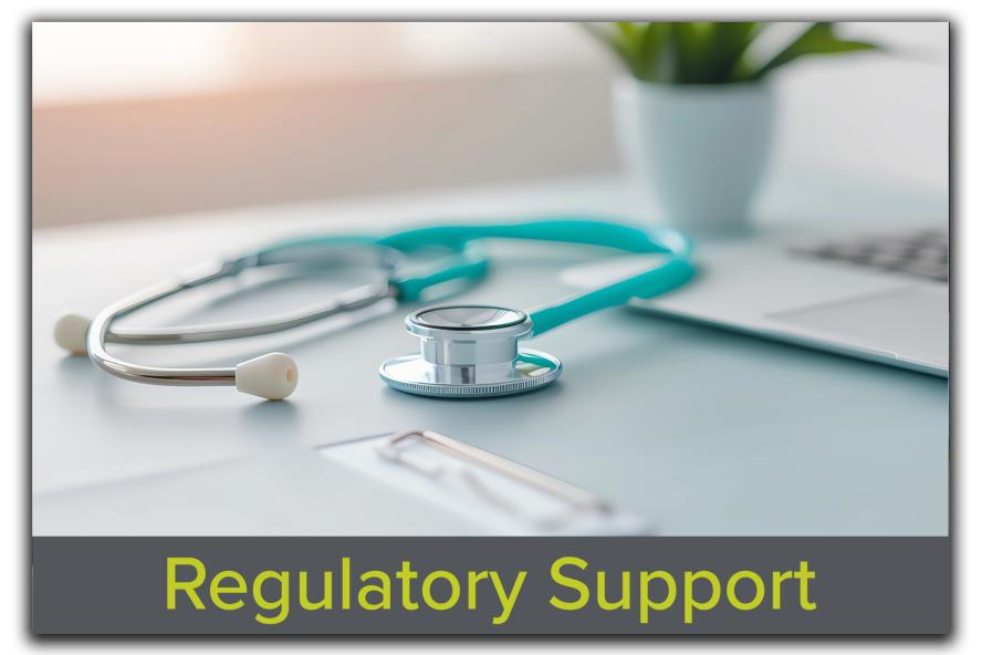 Block featuring an image of a stethoscope resting on a desk, with the text "Regulatory Support" overlaid, highlighting Tufts CMS's expertise in navigating compliance and regulatory requirements.