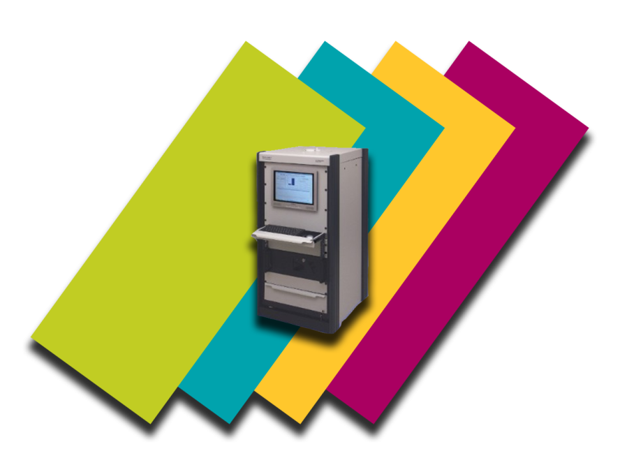 Colorful background bars with a cutout of the EchoMRI system