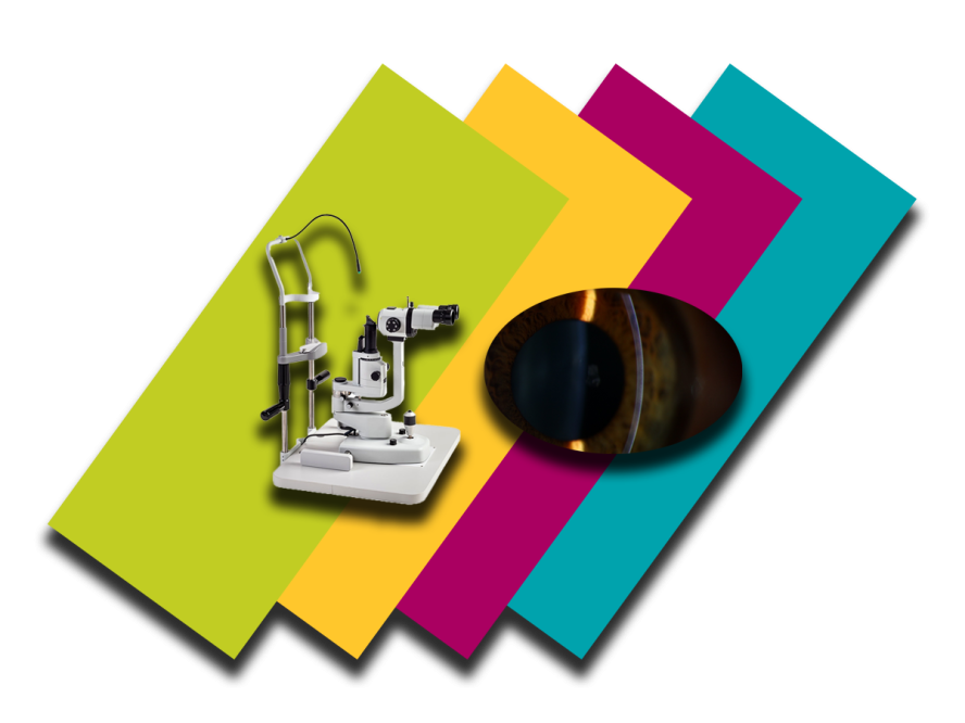 Colorful background bars with a cutout of the Slit Lamp, displaying a detailed image of ocular structures captured during preclinical eye research.