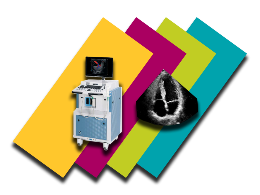 Colorful background bars with a cutout of the VisualSonics VEVO 2100 ultrasound system, displaying an example of its high-resolution imaging output of organs and tissues.